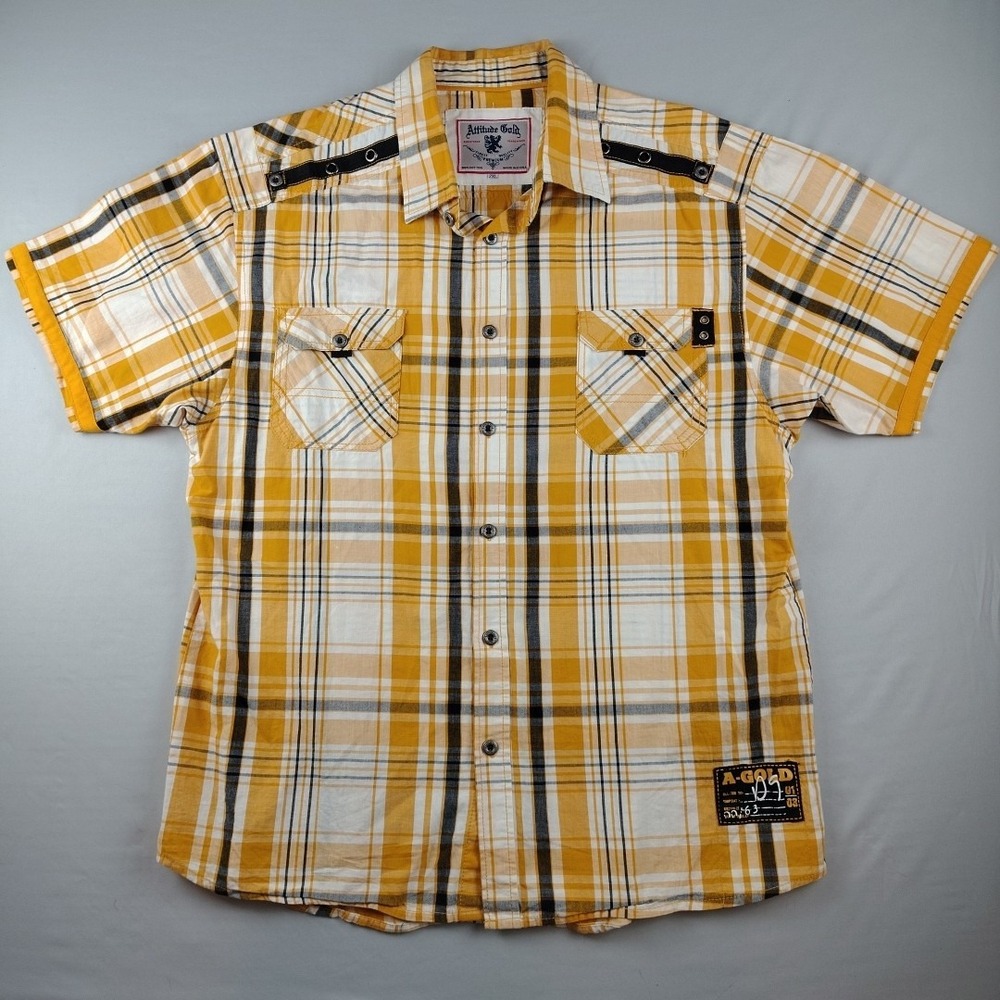 Attitude Gold Moto-Style Shirt Mens 2XL Yellow/Black Plaid Embellished Short Slv
